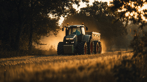 Traktor bei Sonnenuntergang