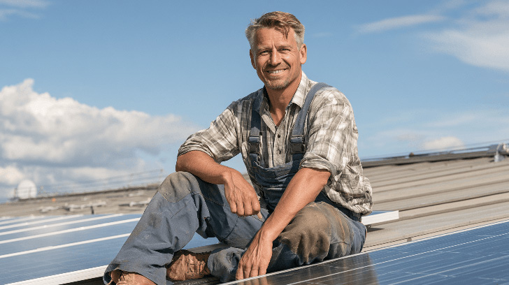 Mann, der auf der Photovoltaikanlage sitzt