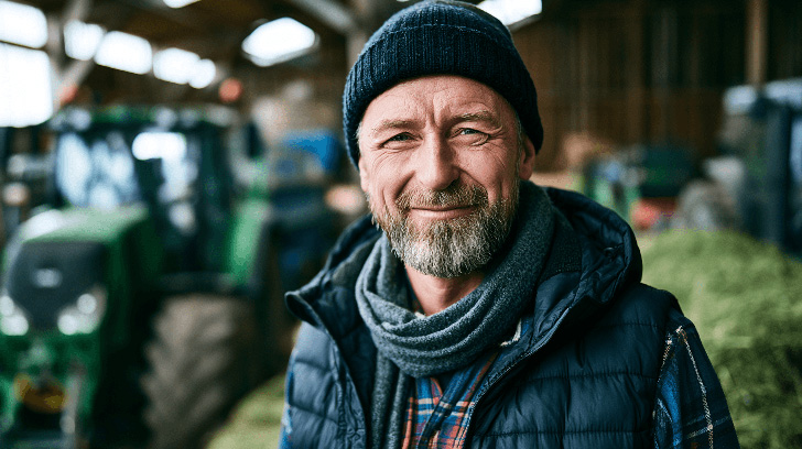 Mann mit einem Traktor im Rücken